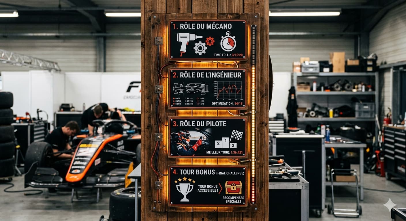 hero image qui illustre les 4 niveaux de l'experience. Le rôle du mécano, le rôle de l'ingénieur, le rôle du pilote et enfin le tour bonus