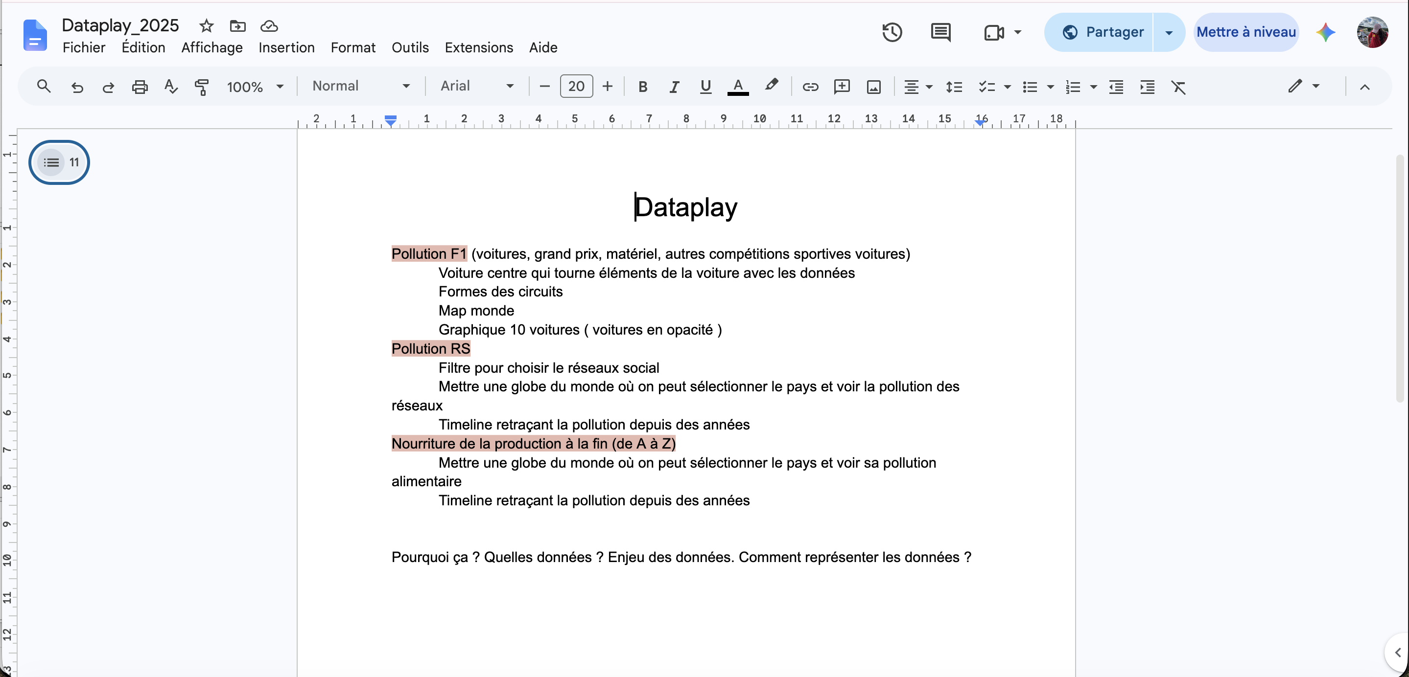 Capture d'écran du google doc avec nos idées