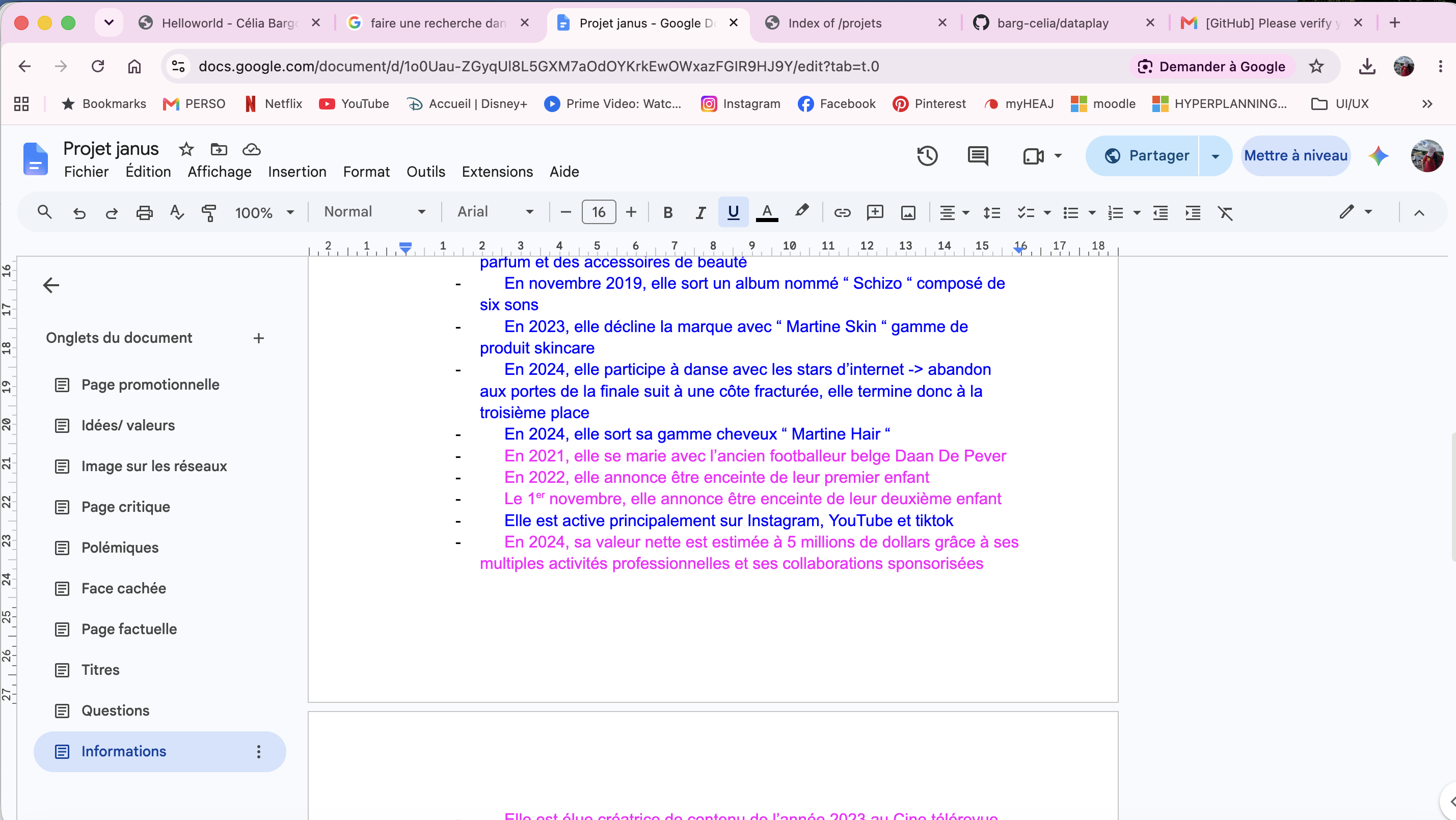 Capture d'écran de mon Google Doc avec les données sur l'influenceur