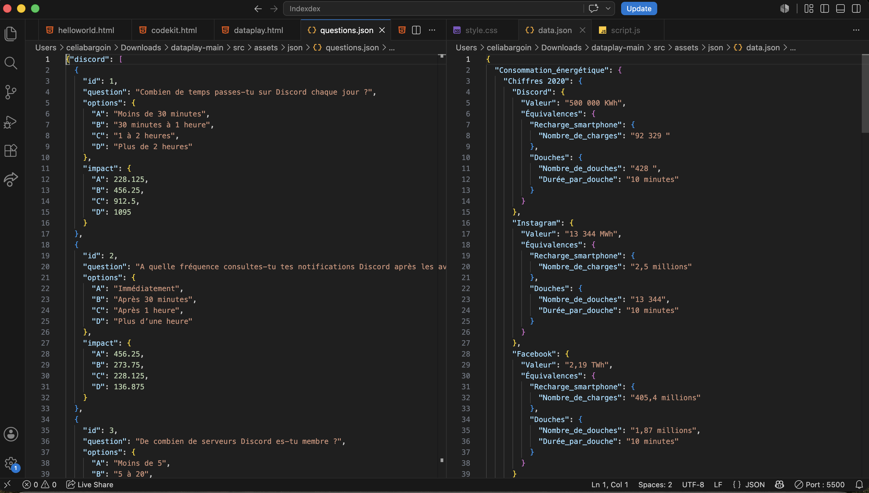Capture d'écran de notre fichier JSON