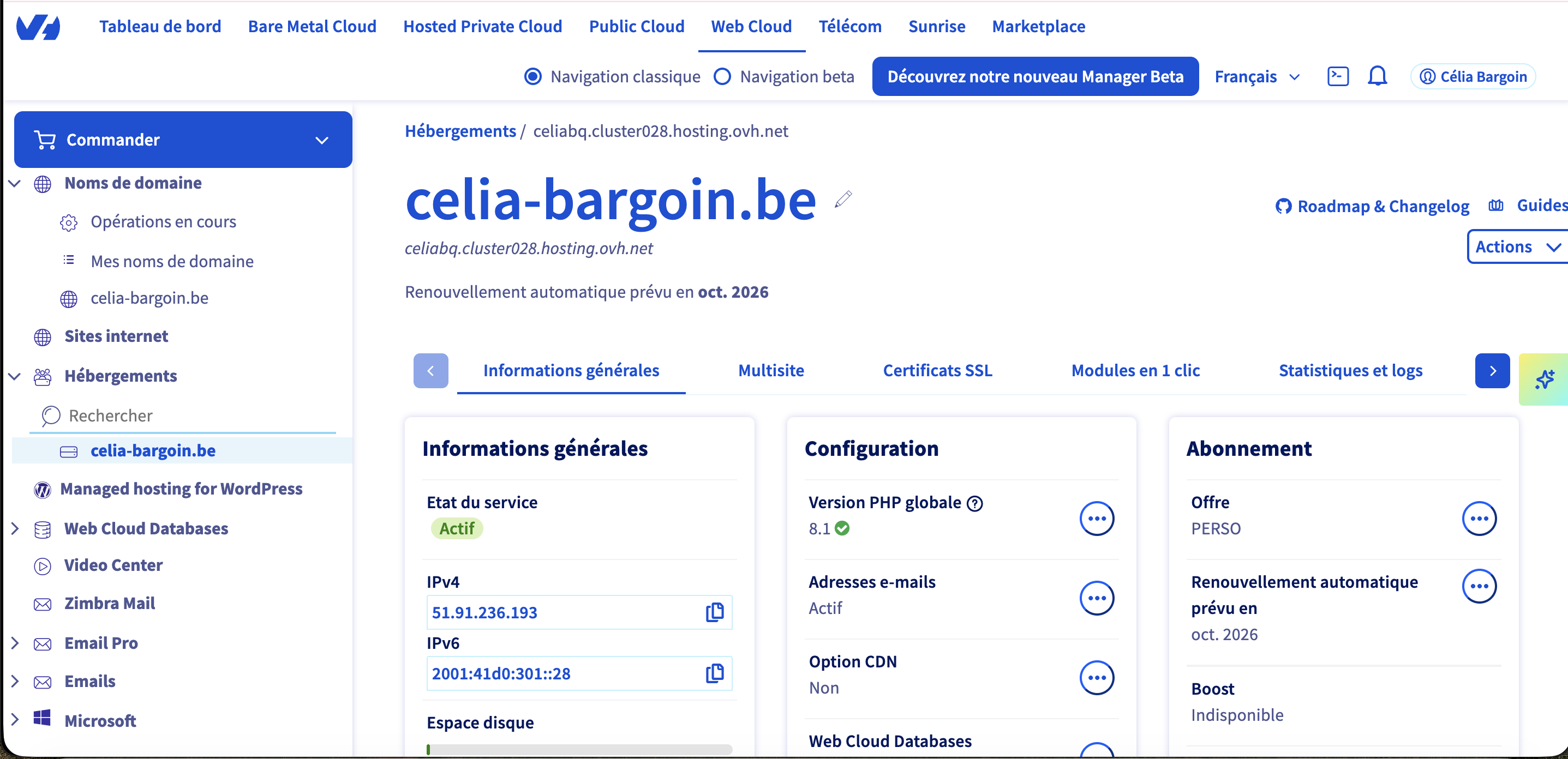 Capture d'écran qui montre mon compte ovh